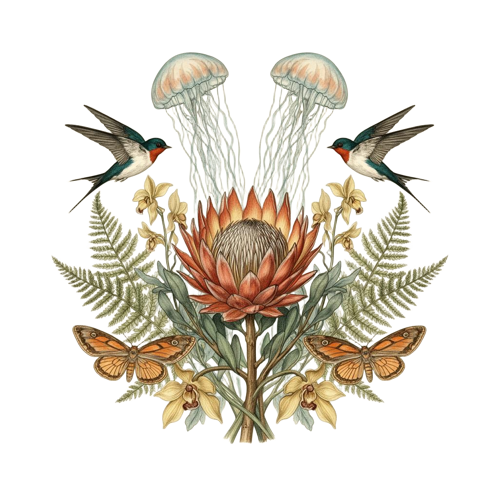 Ilustração naturalista — protea, samambaias, andorinhas e medusas